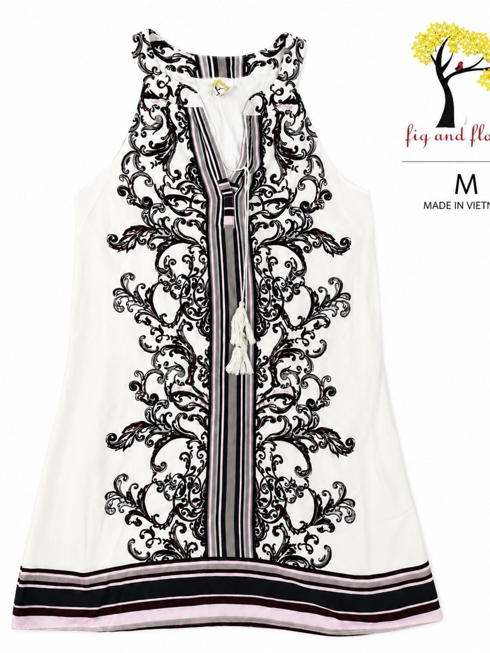 Fig & Flower Boho Scroll Print Sleeveless Tassel Shift Dress Size M